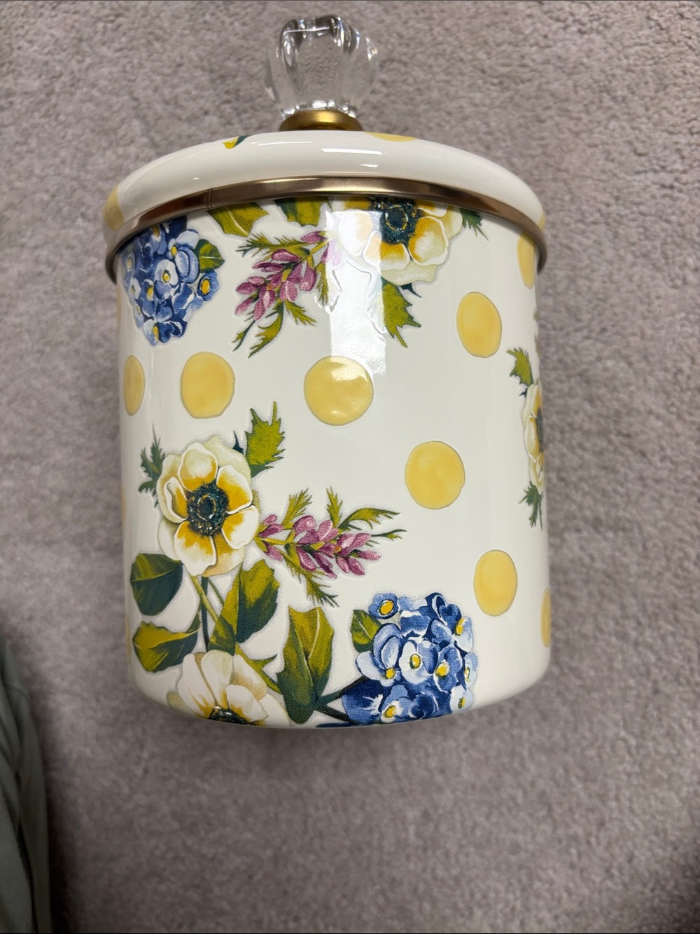 MacKenzie-Childs Yellow Polka Dot & Blue Floral Canister with Gold Label - Picture 6 of 11